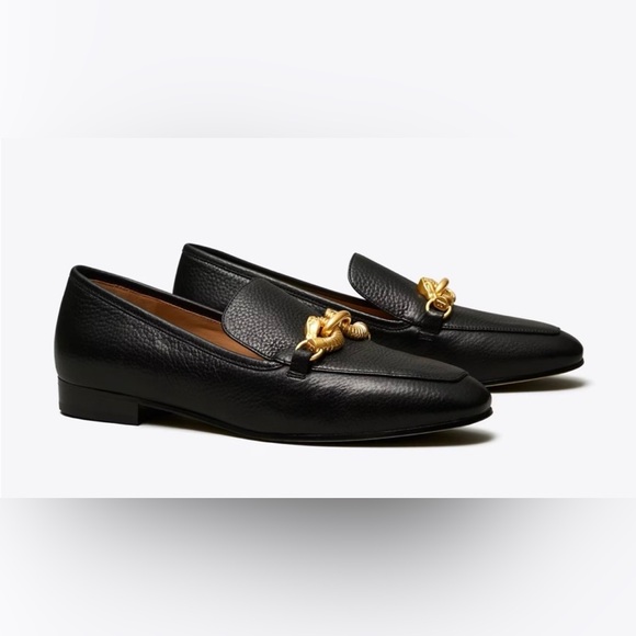 Tory Burch Leather Jessa Loafers / Black with Gold Horse-Head Hardware / Size 8 - Picture 2 of 9
